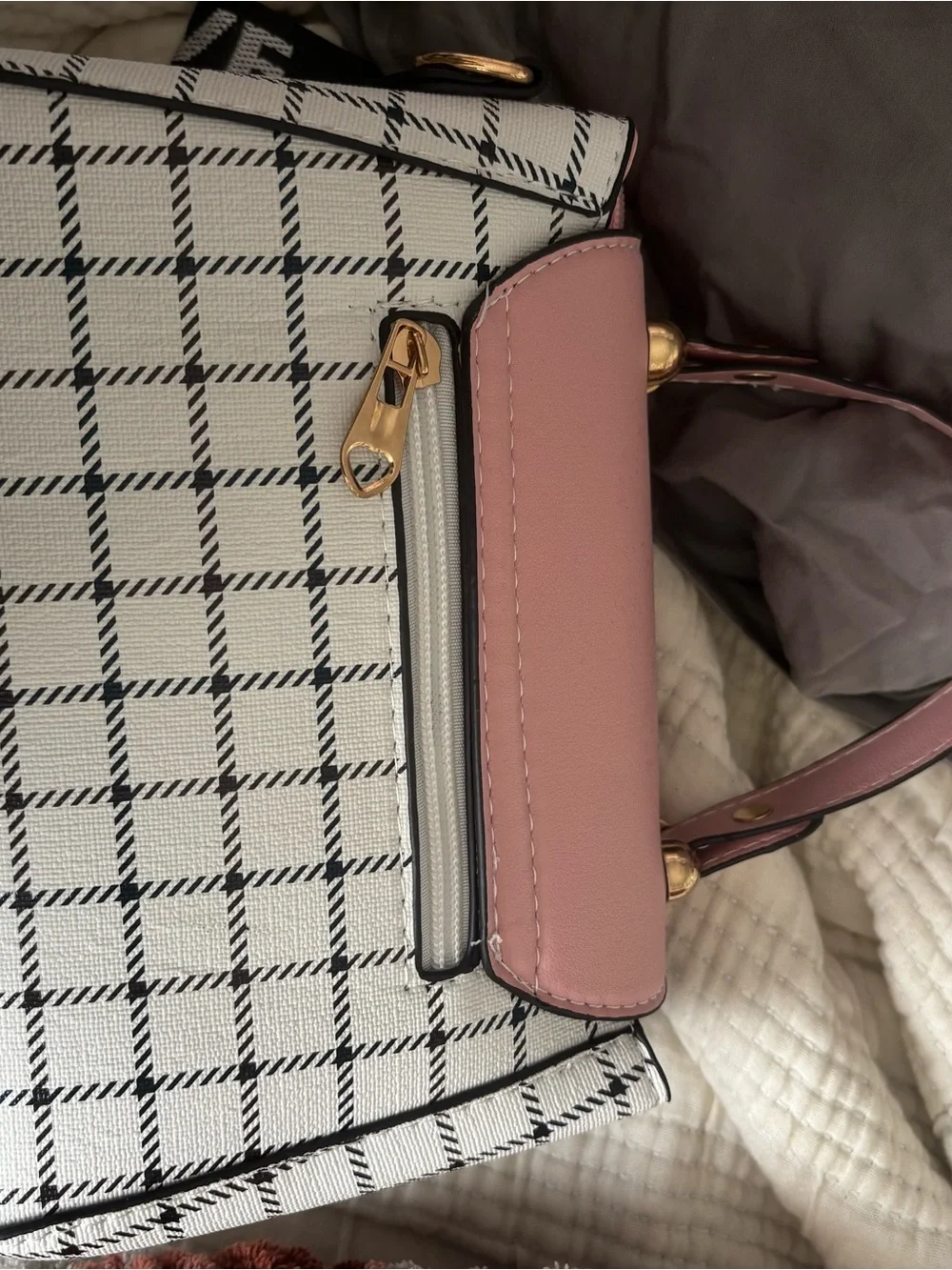 Pink Top-Handle Plaid Satchel Bag